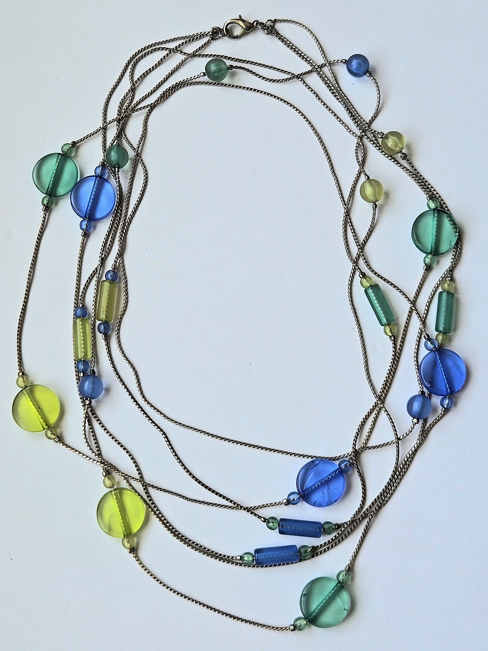 VTG 3 Strand Lucite Moonshine Bead Layered Necklace Silvertone Chain Green/Blue
